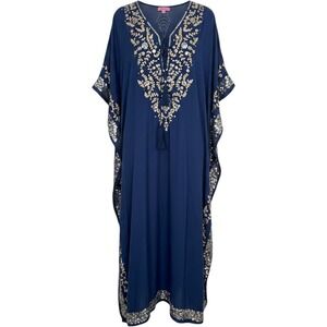 Ruby Yaya Navy Blue Sequin Embroidered Kaftan Maxi Dress OS Boho Tassel V-Neck